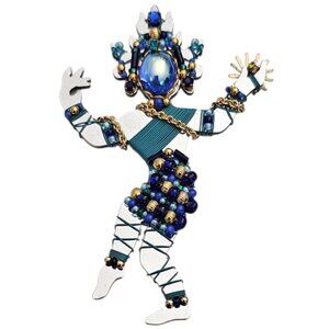 Liztech Brooch Blue Cabochon Beaded Asian Dancer Vintage Pin Signed